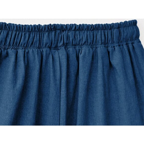 Women Elastic Waist Wide Leg Cropped Denim Pants Casual Flare Capris - Picture 3 of 7